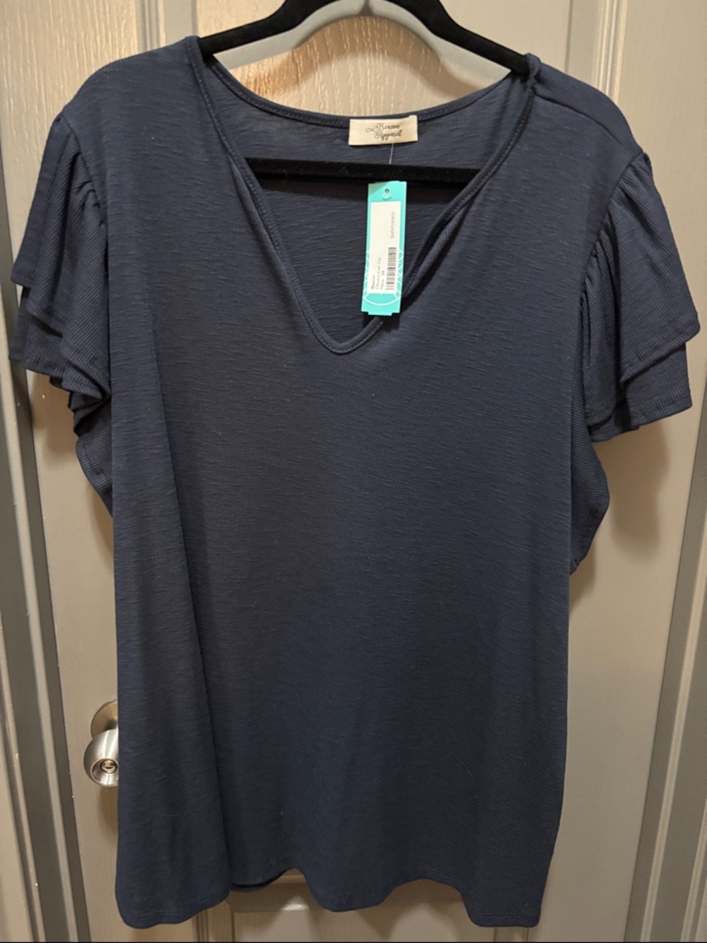 Beacon Oksans Navy V-Neck Short Flutter Sleeve Knit top
